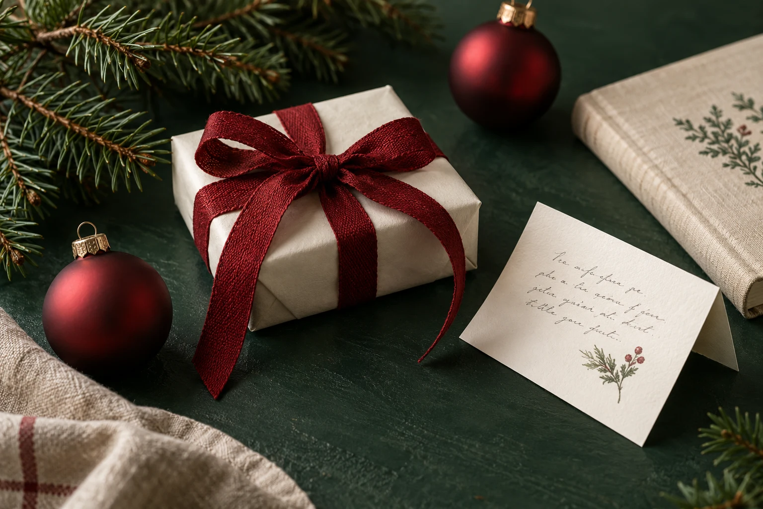 An ivory parcel with a red ribbon, evergreen and a handwritten card